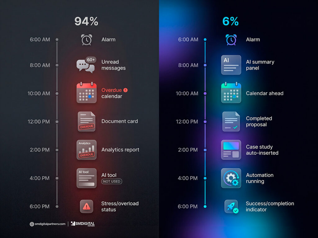 Side-by-side day-in-the-life comparison infographic showing the 94% of marketers stuck with ad hoc AI use versus the 6% with fully embedded AI workflows