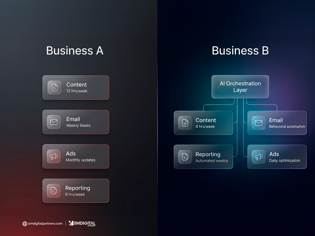 Workflow comparison diagram showing Business A manual marketing operations versus Business B AI-embedded marketing operations across content, email, ads, and reporting