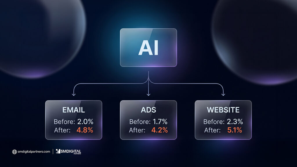 Diagram showing the AI personalization workflow from data input to personalized output across email, ads, and website touchpoints
