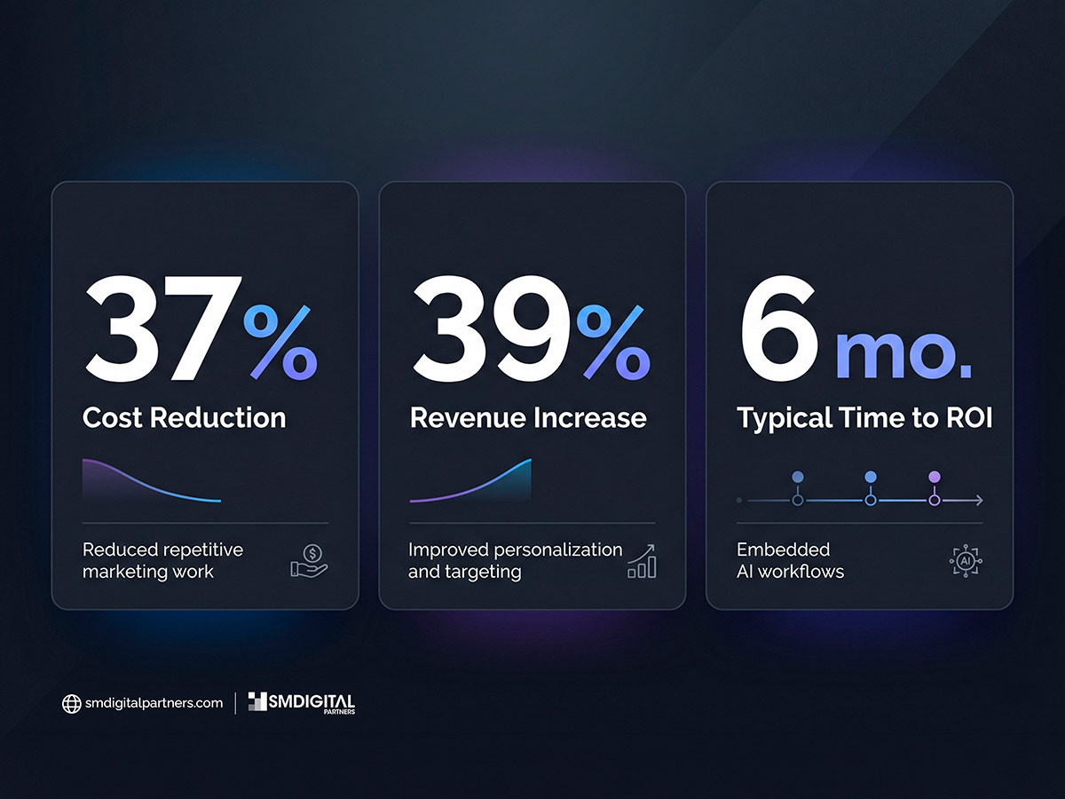 AI marketing ROI statistics infographic showing 37% cost reduction and 39% revenue increase with supporting data visualization