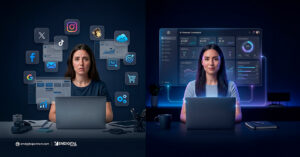 Split composition showing a marketer overwhelmed by disconnected AI tools on the left vs. a marketer with a streamlined AI-powered workflow dashboard on the right