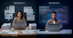 Side-by-side comparison of two small business marketing setups showing traditional workflow vs AI-powered workflow with revenue and cost metrics