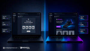 Split screen showing generic email vs AI-personalized email campaign results